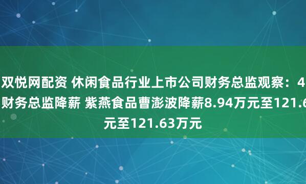 双悦网配资 休闲食品行业上市公司财务总监观察：4家公司财务总监降薪 紫燕食品曹澎波降薪8.94万元至121.63万元